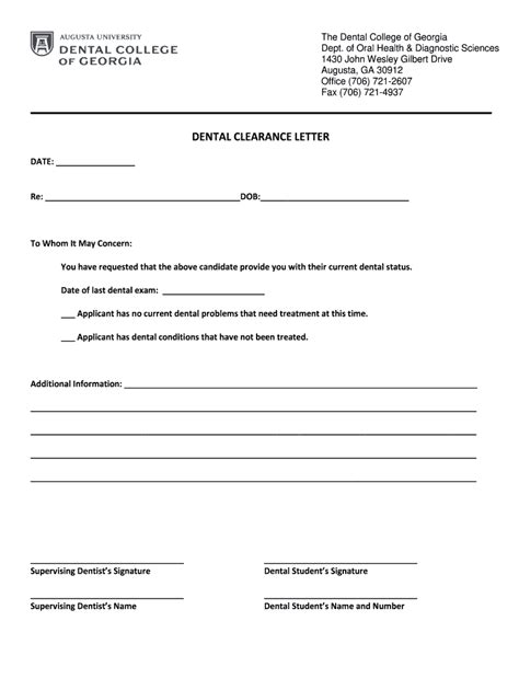 Printable Dental Clearance Form