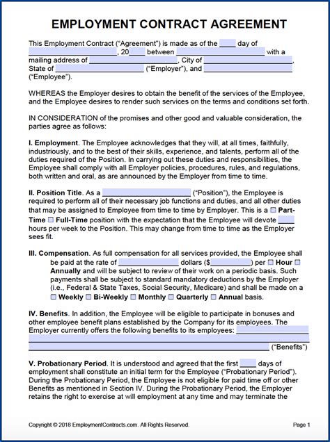 Printable Employment Contract Template