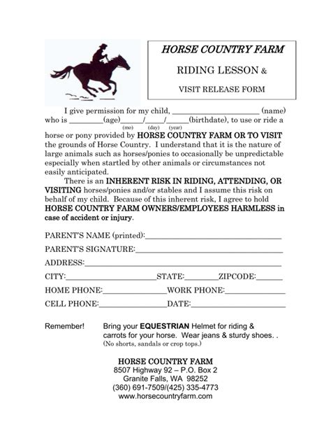 Printable Free Horseback Riding Release Form
