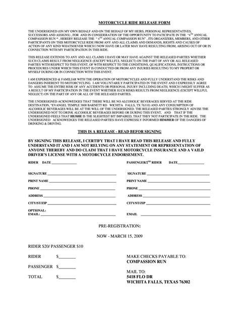 Printable Generic Motorcycle Ride Waiver Form