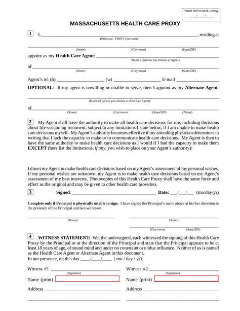 Printable Health Care Proxy Form Massachusetts