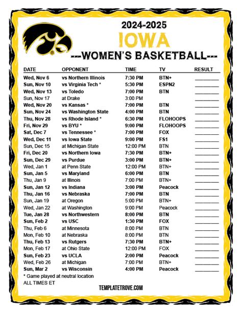Printable Iowa Womens Basketball Schedule