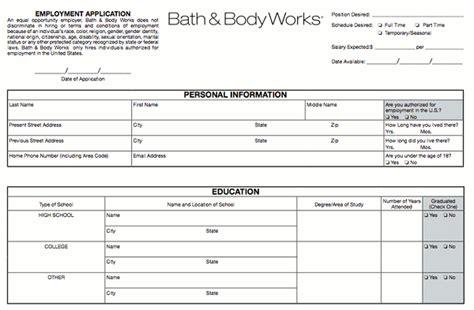 Printable Job Application For Bath And Body Works
