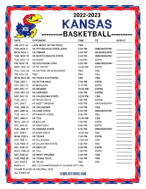 Printable Kansas Jayhawks Basketball Schedule