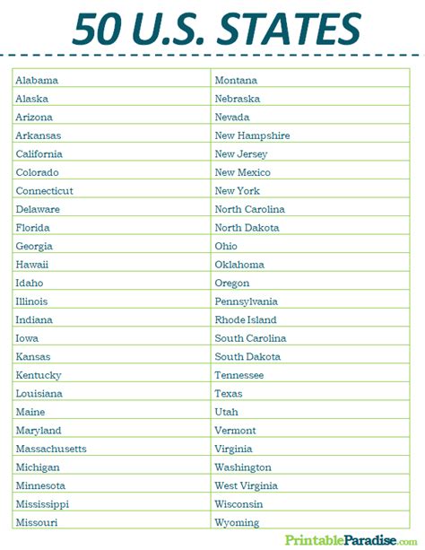 Printable List Of 50 States