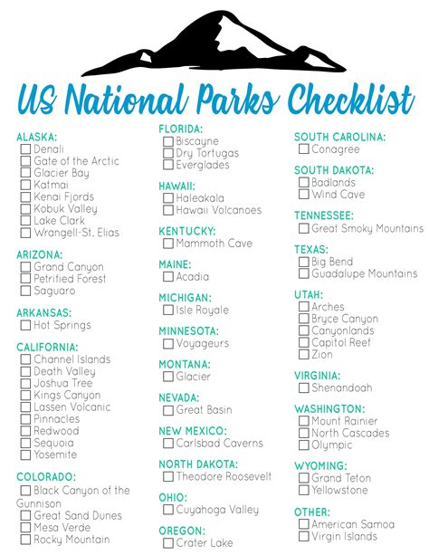 Printable List Of National Parks
