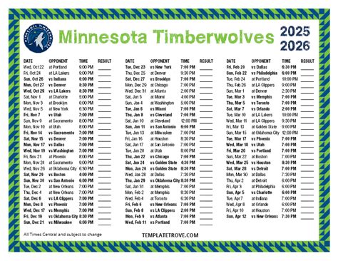 Printable Minnesota Timberwolves Schedule