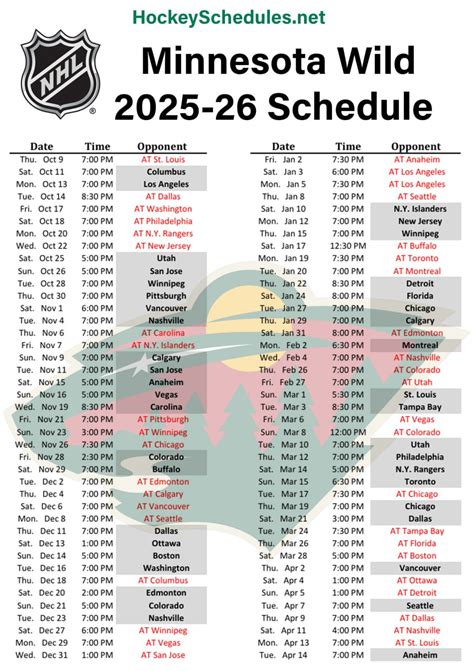 Printable Minnesota Wild Schedule