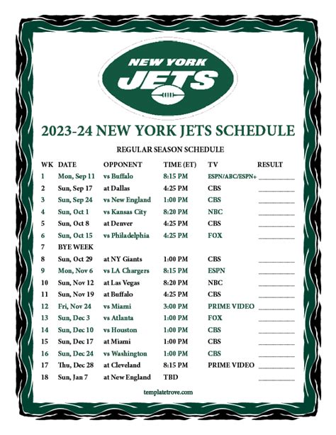 Printable New York Jets Schedule