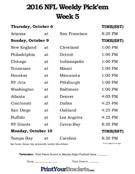 Printable Nfl Week 5 Schedule