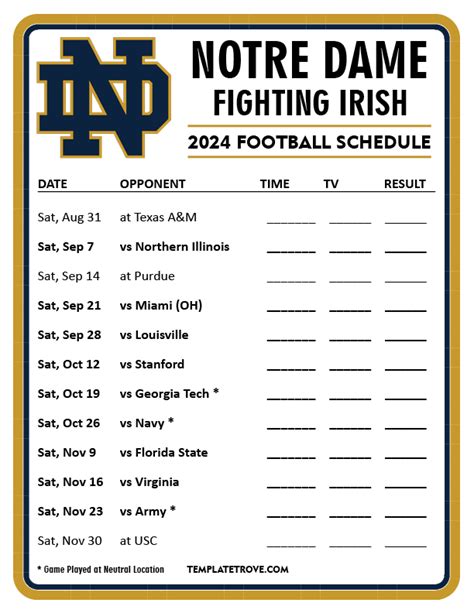 Printable Notre Dame Football Schedule
