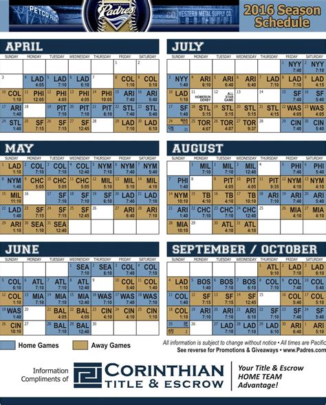 Printable Padres Schedule