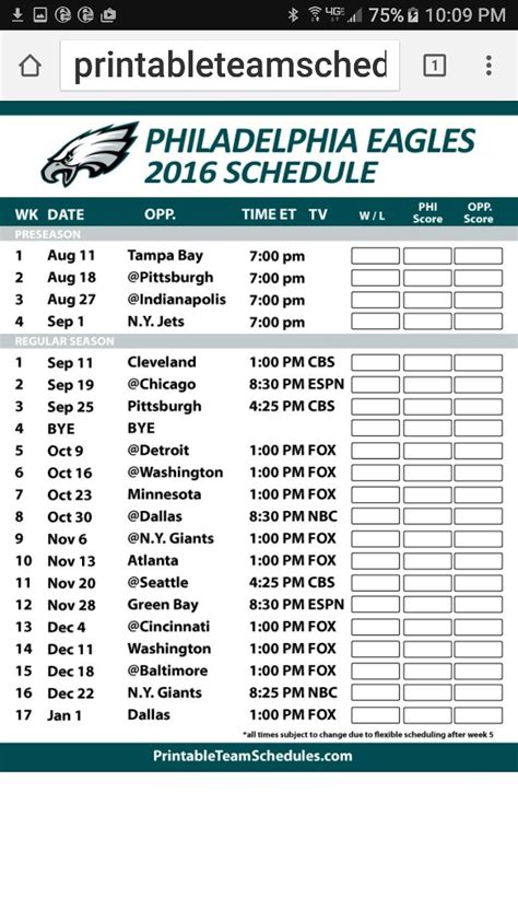 Printable Philadelphia Eagles Schedule