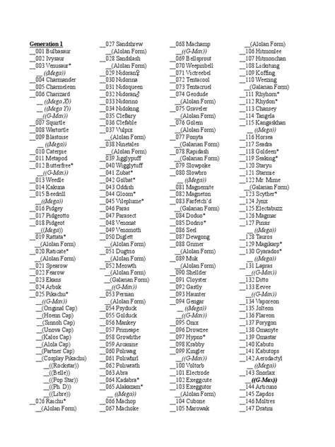 Printable Pokemon Checklist Gen 1-8