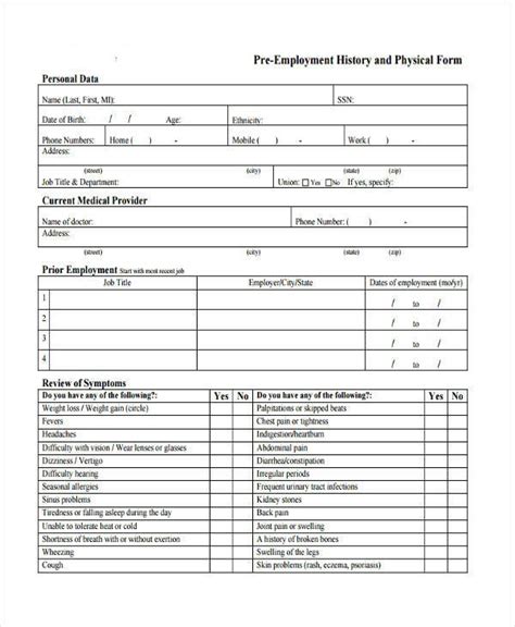 Printable Pre Employment Physical Form
