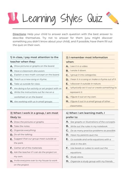 Printable Quiz For Students To Figure Out Their Learning Styles