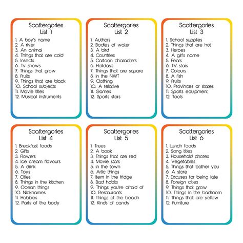 Printable Scattergories Questions