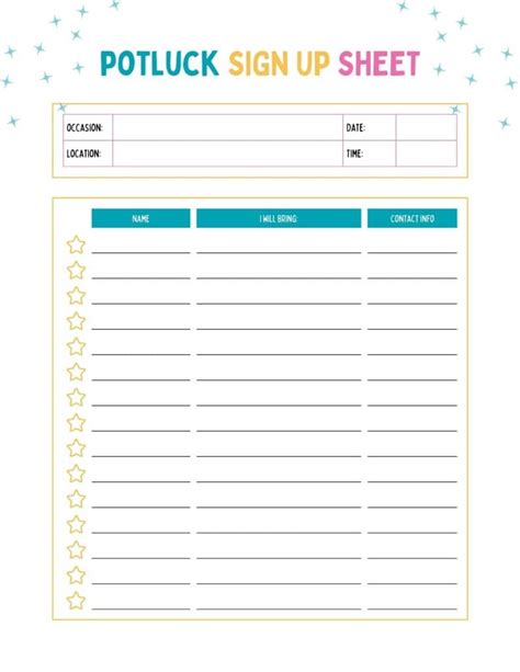 Printable Sign Up Sheet For Potluck