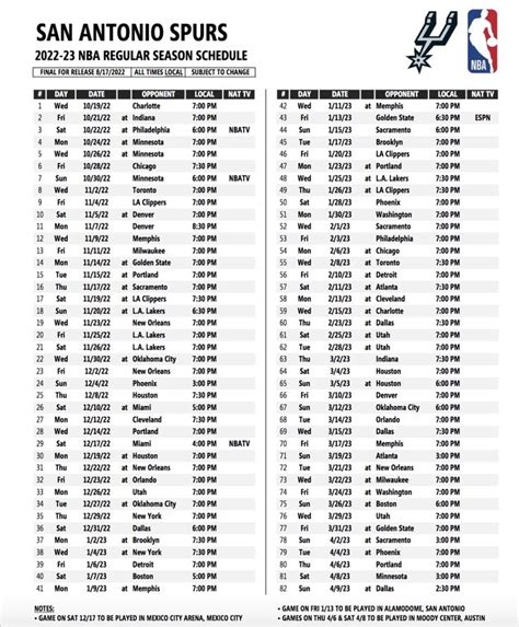 Printable Spurs Schedule