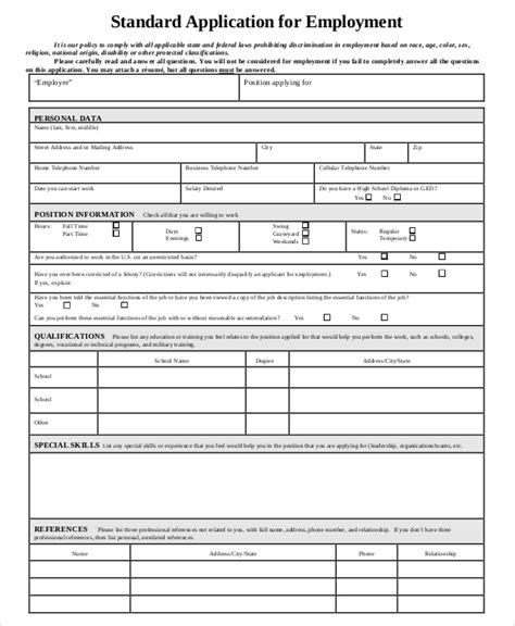 Printable Standard Application For Employment