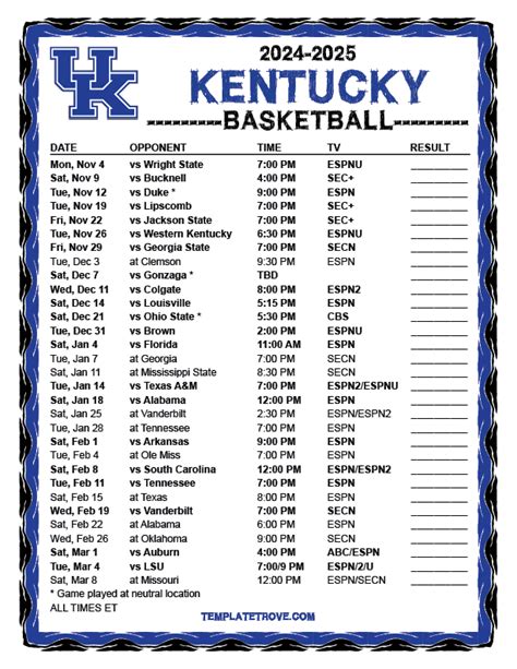 Printable University Of Kentucky Basketball Schedule