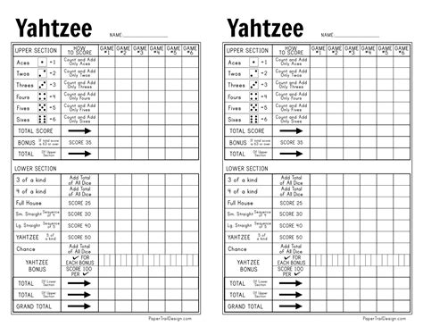 Printable Yahtzee Cards