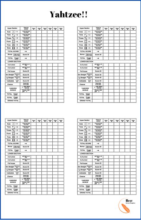 Printable Yahtzee Score Sheets 4 Per Page