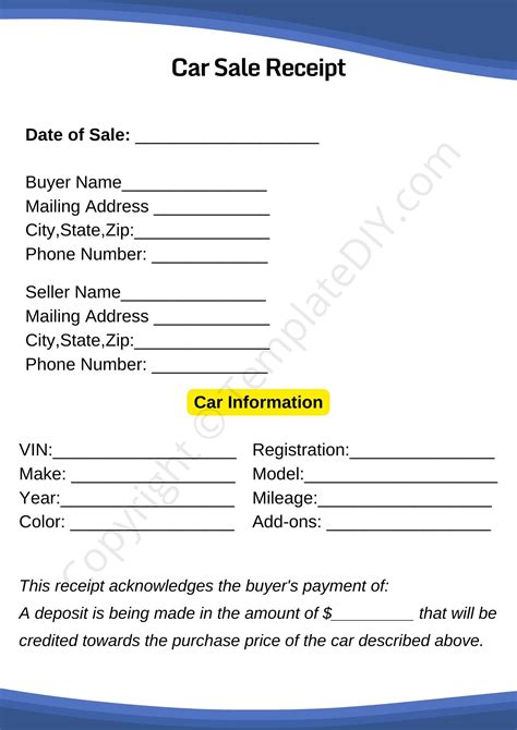Private Car Sale Receipt Template