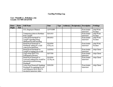 Privilege Log Template