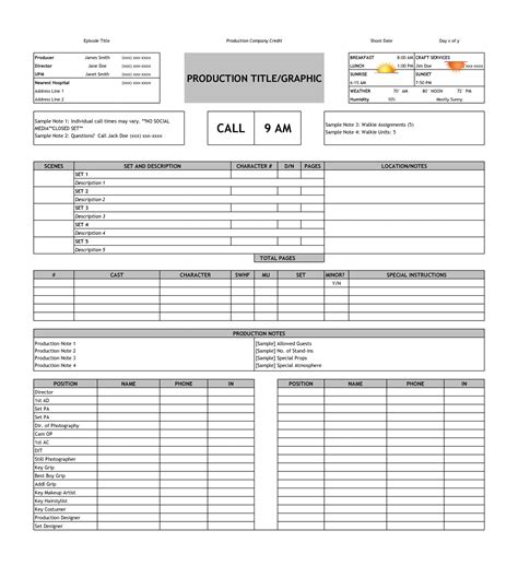 Production Call Sheet Template Word
