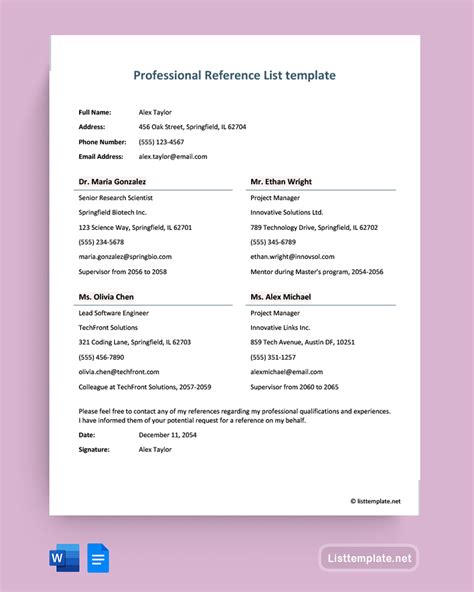 Professional Reference List Template Word