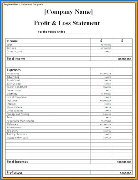 Profit And Loss Sheet Template