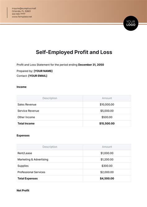 Profit And Loss Statement Template Self Employed