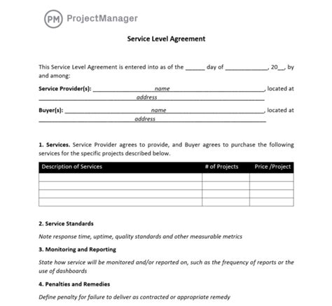 Project Management Service Level Agreement Template