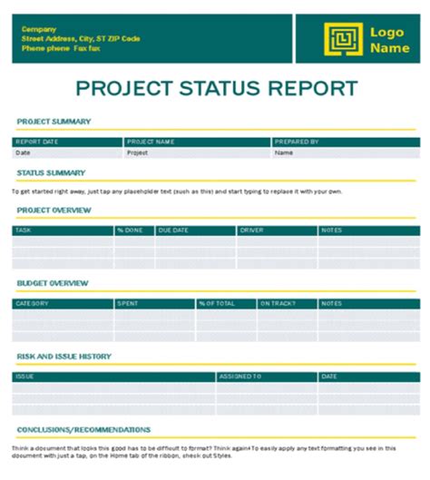Project Status Report Template Word