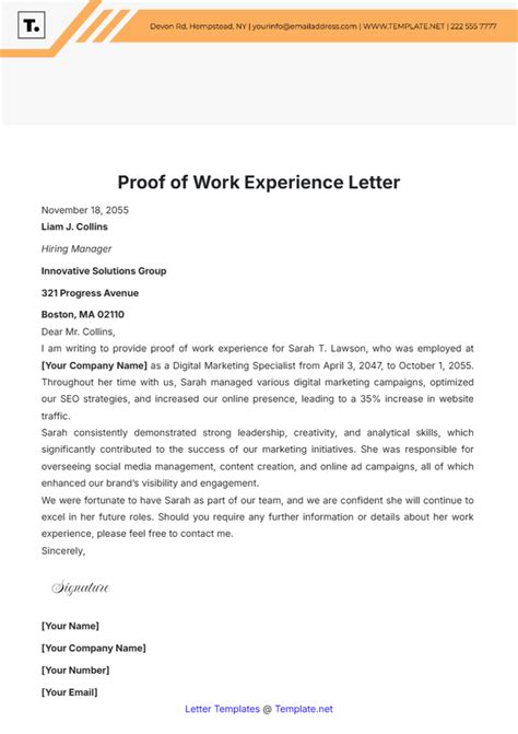 Proof Of Work Letter Template