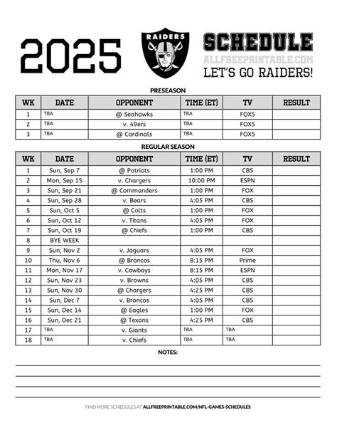 Raiders Printable Schedule