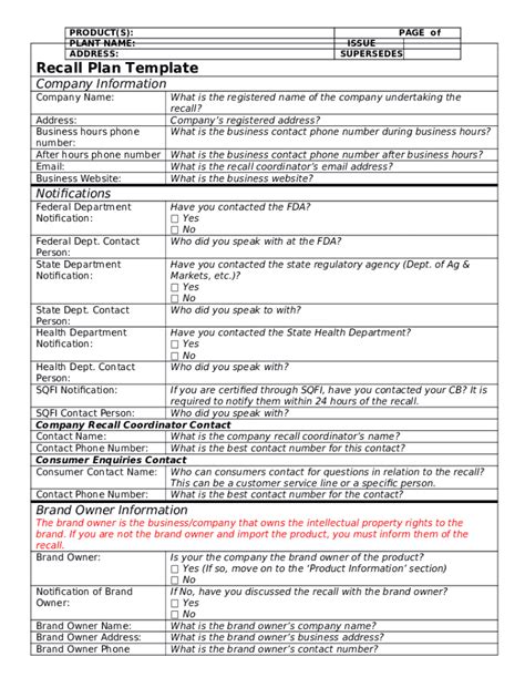 Recall Plan Template