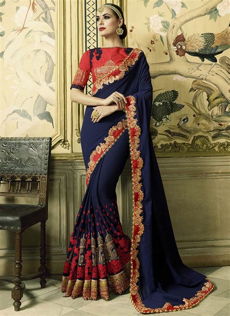 Red Georgette Saree Navy Blue Background Catalog Image