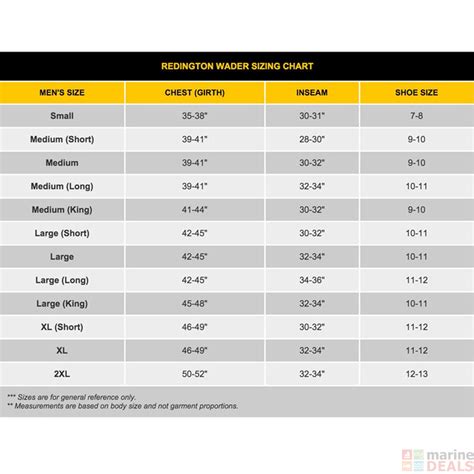 Redington Wader Size Chart