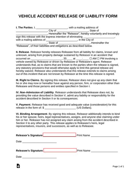 Release Of Liability Form Car Accident Template