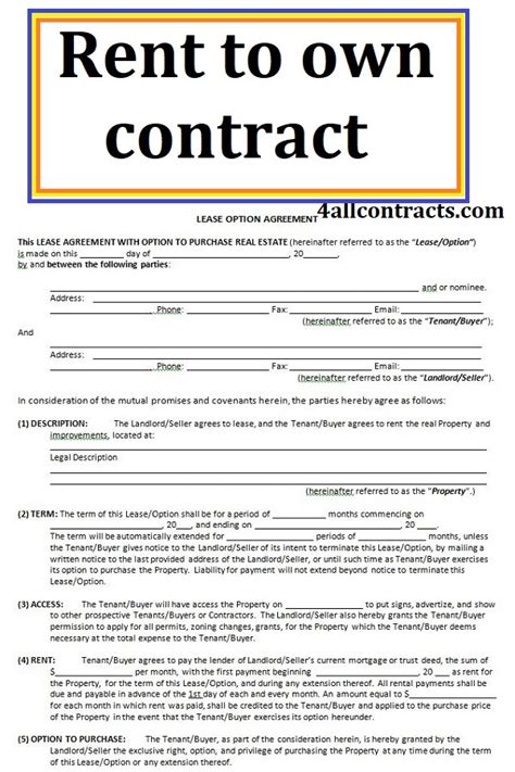 Rent To Own Home Contract Template