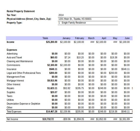 Rental Property Income Statement Template