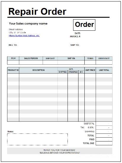 Repair Order Template Word