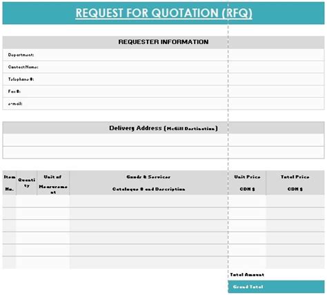 Request For Quotation Template Excel
