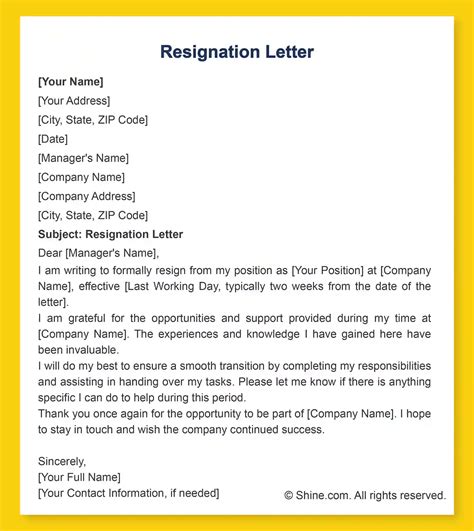 Resigation Letter Template