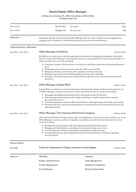 Resume Template For Office Manager