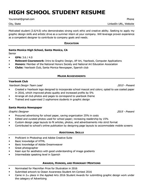 Resume Template Student High School
