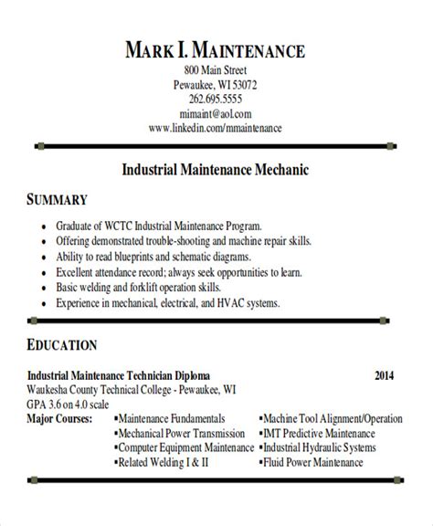 Resume Templates For Maintenance