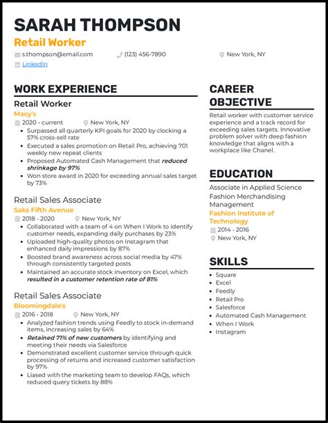 Resume Templates For Retail Jobs